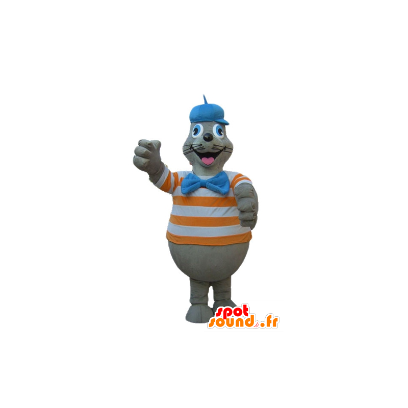 Mascot selo pele cinzenta com uma camisa de laranja listrado e branco - MASFR24173 - Mascotes do oceano