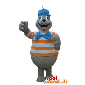 Mascot selo pele cinzenta com uma camisa de laranja listrado e branco - MASFR24173 - Mascotes do oceano