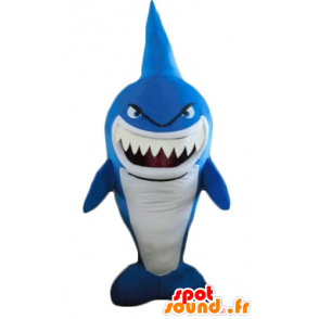 Mascote azul e branco tubarão, muito engraçado, feroz-olhando - MASFR24186 - mascotes tubarão