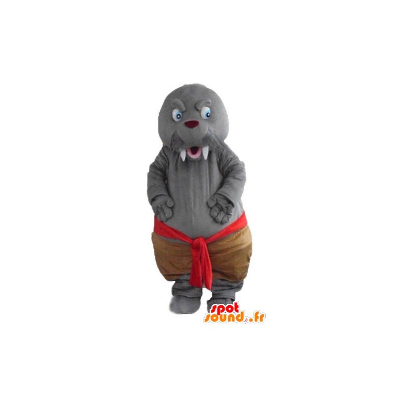 Mascotte de phoque, de morse gris, avec de grandes dents - MASFR24188 - Mascottes Phoque