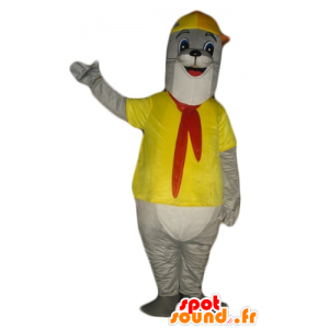 Grå og hvid oddermaskot klædt i gul - Spotsound maskot kostume
