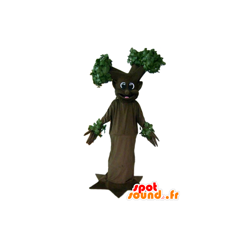 Brun og grøn træ maskot, kæmpe og smilende - Spotsound maskot