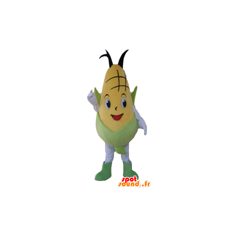 Mascota de la mazorca de maíz amarillo y verde, gigante y sonriente - MASFR24209 - Mascota de alimentos