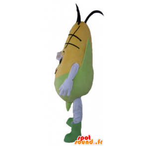 Mascota de la mazorca de maíz amarillo y verde, gigante y sonriente - MASFR24209 - Mascota de alimentos