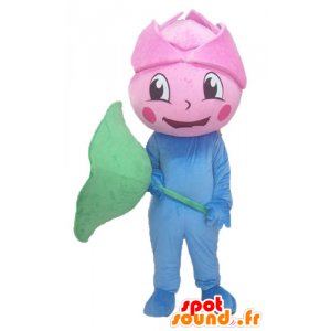 Giant roze mascotte, roze bloem, blauw en groen - MASFR24215 - mascottes planten