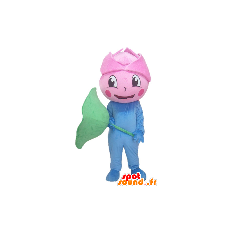 Giant pink mascot, pink flower, blue and green - MASFR24215 - Mascots of plants