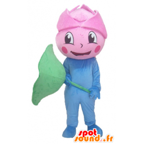 Giant pink mascot, pink flower, blue and green - MASFR24215 - Mascots of plants