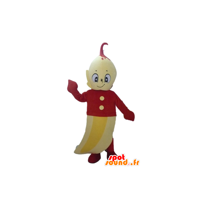 Banana gialla mascotte, gigante, con un vestito rosso - MASFR24218 - Mascotte di frutta