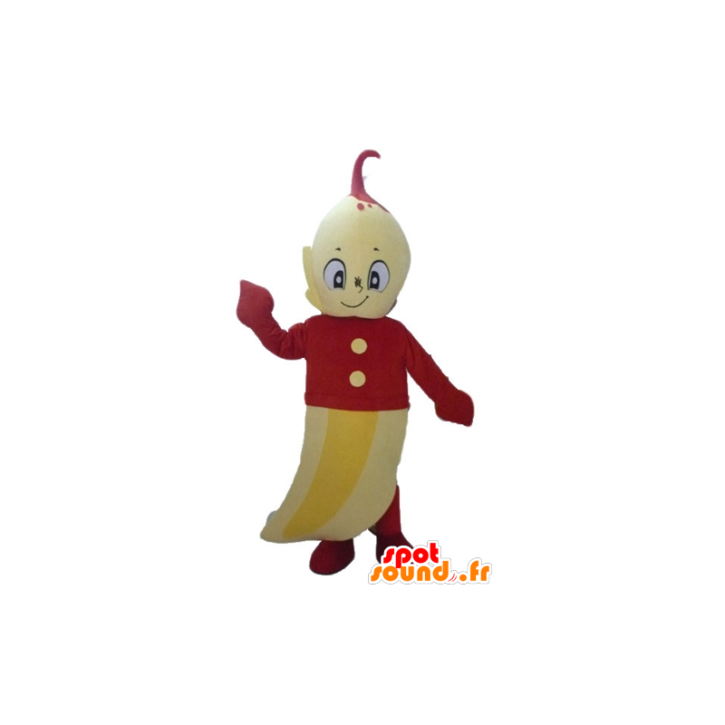 Mascotte de banane jaune, géante, avec une tenue rouge - MASFR24218 - Mascotte de fruits