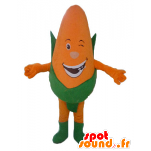 Pannocchia di mais gigante mascotte, arancione e verde, sorridente - MASFR24223 - Mascotte di cibo