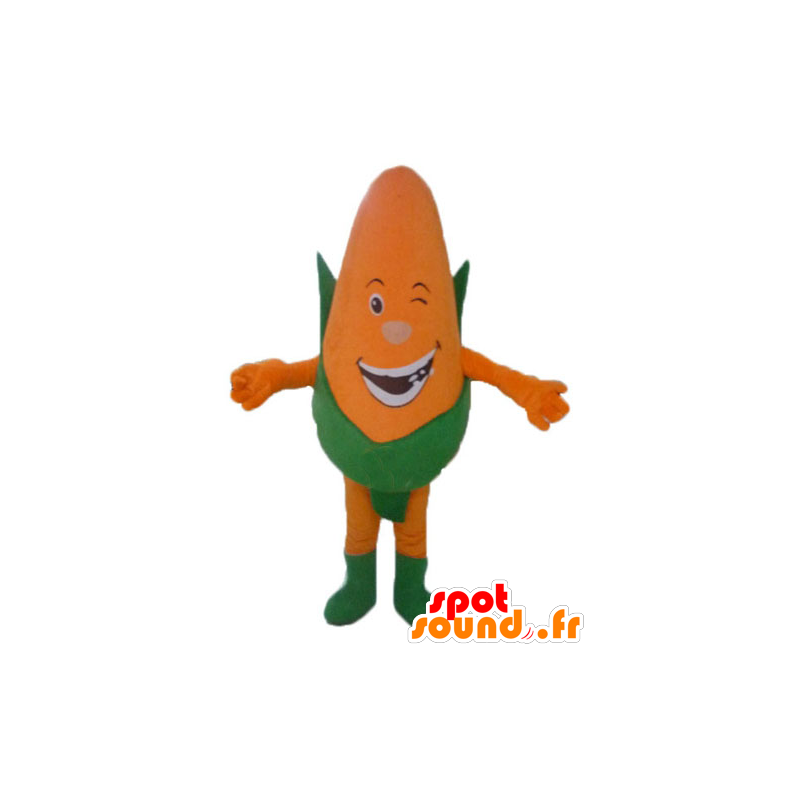 Pannocchia di mais gigante mascotte, arancione e verde, sorridente - MASFR24223 - Mascotte di cibo