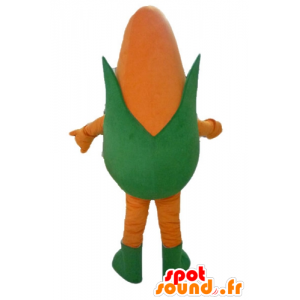 Pannocchia di mais gigante mascotte, arancione e verde, sorridente - MASFR24223 - Mascotte di cibo