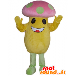 Mascotte de gros champignon jaune et rose, à pois verts - MASFR24228 - Mascotte de légumes