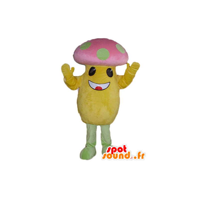 Mascotte grote gele en roze paddestoel met groene erwten - MASFR24228 - Vegetable Mascot