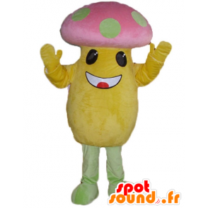 Mascotte de gros champignon jaune et rose, à pois verts - MASFR24228 - Mascotte de légumes