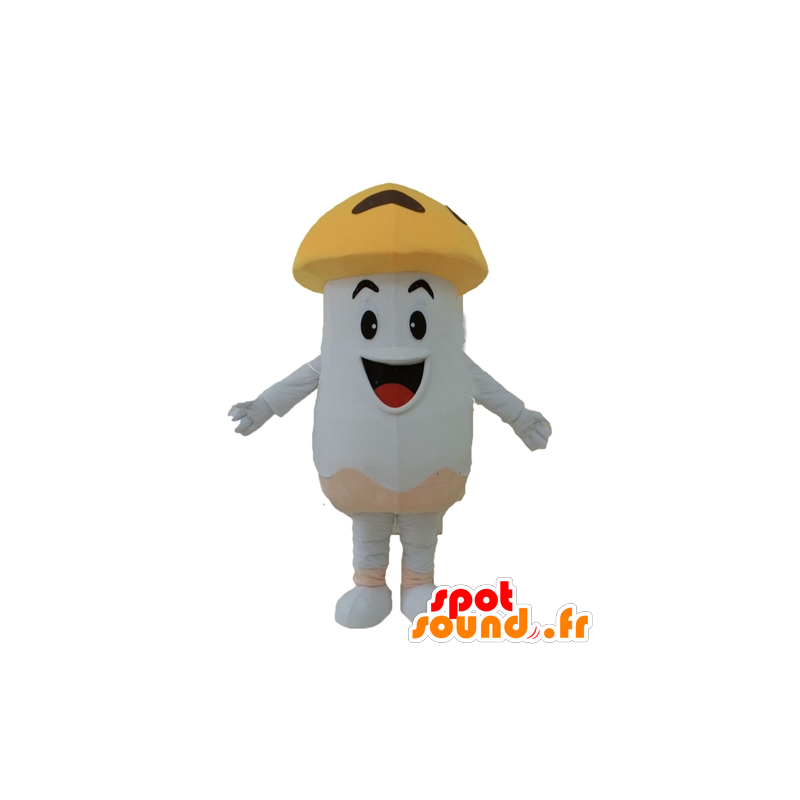 Mascota de la seta gigante, champiñón blanco y naranja, sonriendo - MASFR24237 - Mascota de verduras