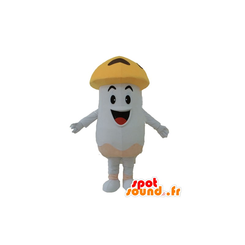 Mascote cogumelo gigante, cogumelo branco e laranja, sorrindo - MASFR24237 - Mascot vegetal