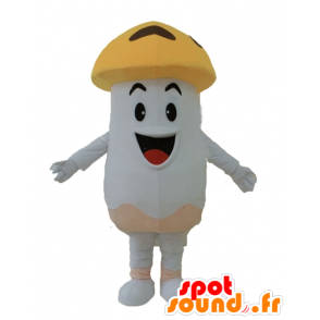 Gigante mascotte fungo, fungo bianco e arancio, sorridente - MASFR24237 - Mascotte di verdure