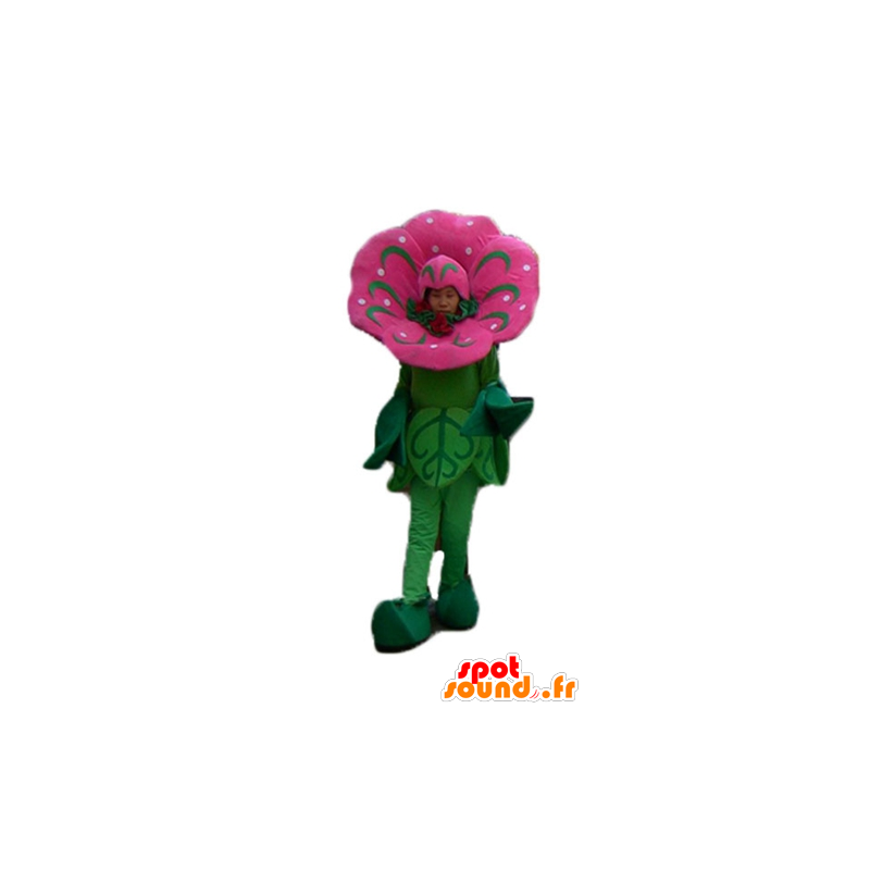 Mascot lyserød og grøn blomst, imponerende og realistisk -