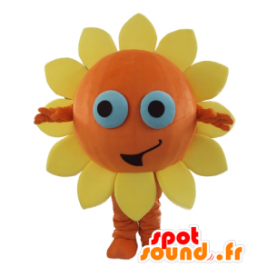 Orange og gul blomstermaskot, sol, meget smilende - Spotsound