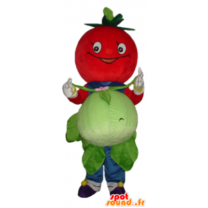 Mascotte pomodoro rosso, sorridente, con un cavolfiore - MASFR24259 - Mascotte di frutta