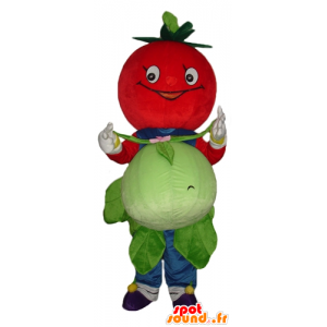 Rød tomat maskot, smilende, med en blomkål - Spotsound maskot