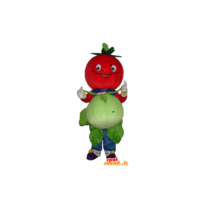 Mascot tomate vermelho, sorrindo, com uma couve-flor - MASFR24259 - frutas Mascot