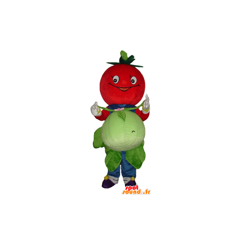 Mascot Tomaten rot, lächelnd, mit einem Blumenkohl - MASFR24259 - Obst-Maskottchen