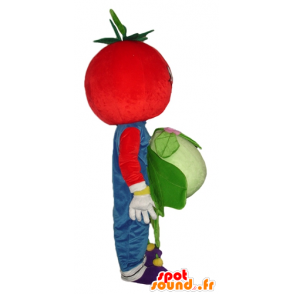 Mascot tomate vermelho, sorrindo, com uma couve-flor - MASFR24259 - frutas Mascot