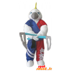 White parrot mascot, with a peak and 2 axes - MASFR24279 - Mascots of parrots