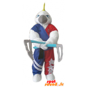 White parrot mascot, with a peak and 2 axes - MASFR24279 - Mascots of parrots