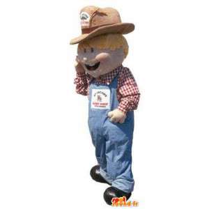 麦わら帽子をかぶった青いオーバーオールのマスコット農家-MASFR006650-男性のマスコット