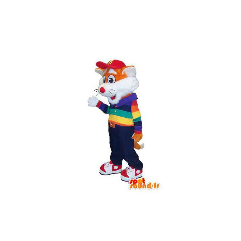 Mascot oranje en witte vos in kleurrijke outfit - MASFR006651 - Fox Mascottes