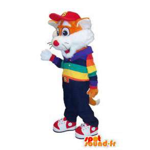 Mascot oranje en witte vos in kleurrijke outfit - MASFR006651 - Fox Mascottes