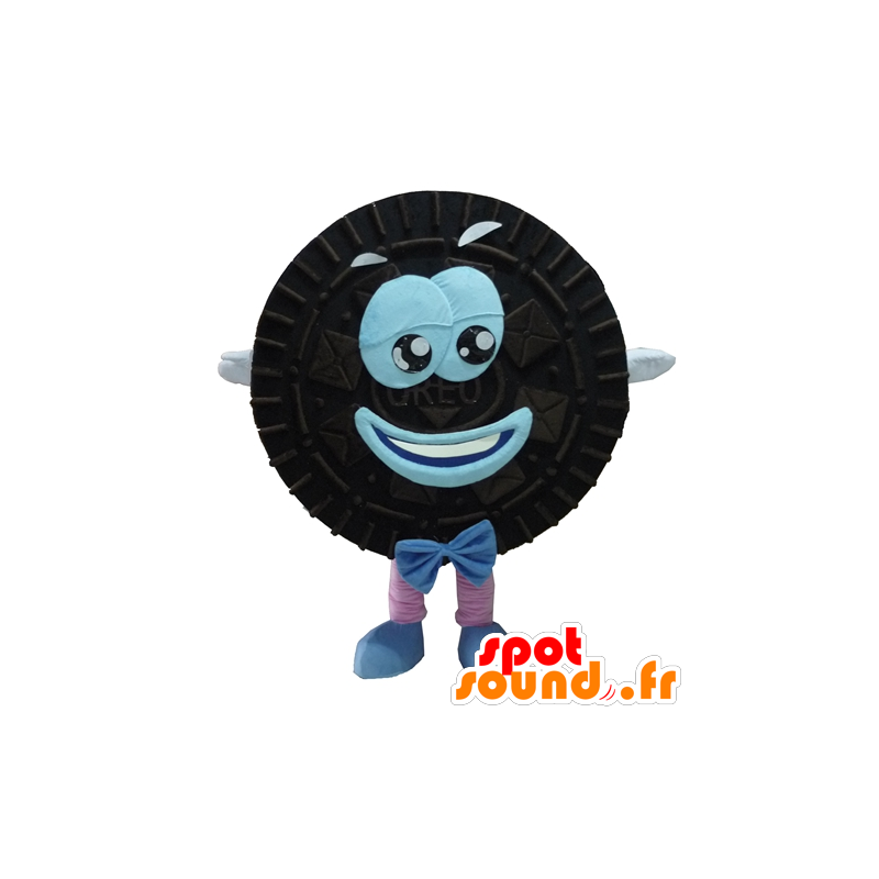 Mascot Oreo, preto e azul bolo redondo e sorrindo - MASFR24292 - mascotes pastelaria