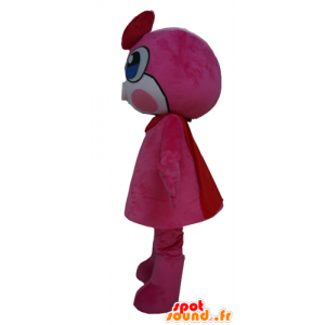 Rosa maskot för snögubbe, med blå ögon och en basker -