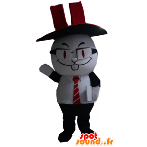 Mascotte del coniglio bianco e nero, con un cappello a cilindro - MASFR24299 - Mascotte coniglio