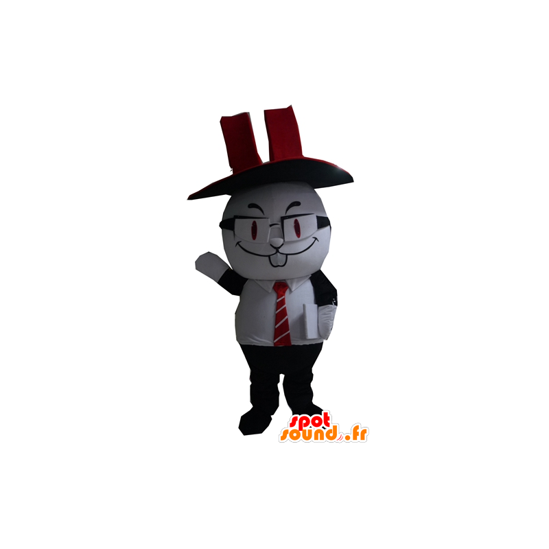 Zwart en wit konijntje mascotte, met een hoge hoed - MASFR24299 - Mascot konijnen