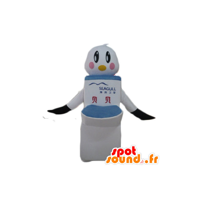 Mascot hvid og sort fugl med kæmpe toiletter - Spotsound maskot