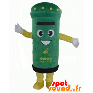 Caixa de Mascot com letras verdes e amarelos, muito sorridente - MASFR24322 - objetos mascotes
