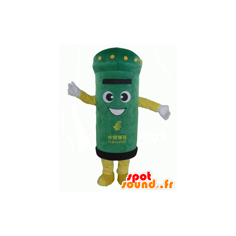 Caixa de Mascot com letras verdes e amarelos, muito sorridente - MASFR24322 - objetos mascotes
