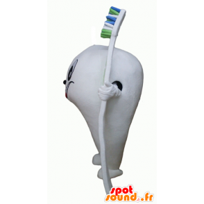 Kæmpe hvid tand maskot med en tandbørste - Spotsound maskot