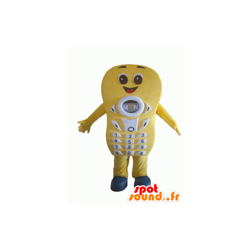 Yellow cell phone mascot, giant and smiling - MASFR24362 - Mascottes de téléphone