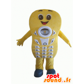 Geel mobiele telefoon mascotte, reus en glimlachen - MASFR24362 - mascottes telefoons