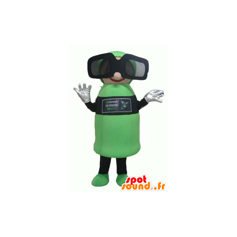 Mascot grønn og svart mann, med 3D-briller - MASFR24366 - Ikke-klassifiserte Mascots