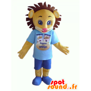 Mascot filhote amarelo e castanho no equipamento azul - MASFR24374 - Mascotes leão