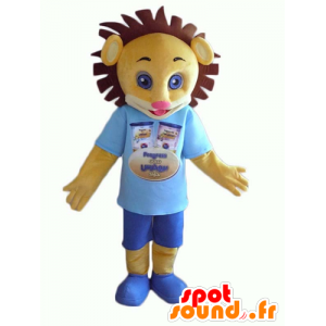 Mascot κίτρινο και καφέ cub σε μπλε στολή - MASFR24374 - Λιοντάρι μασκότ