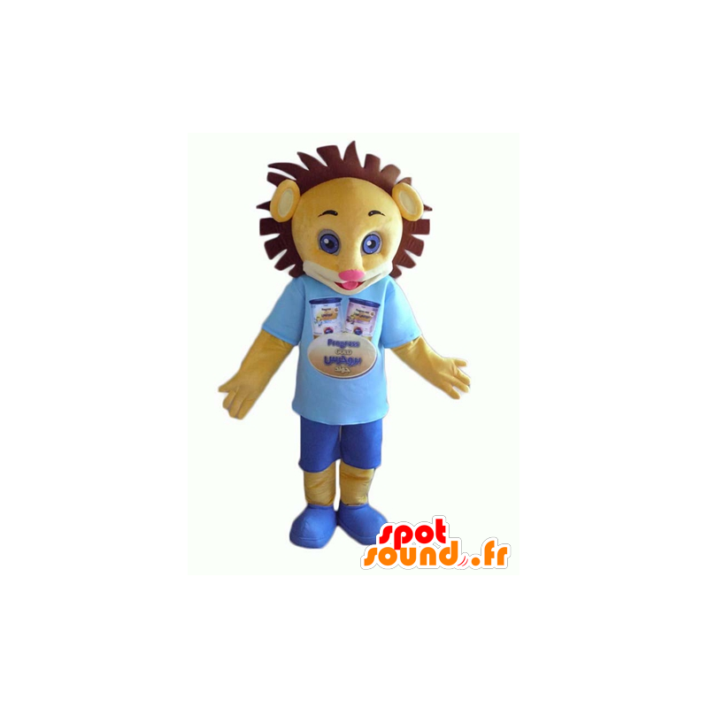 Mascot geel en bruin cub in blauwe outfit - MASFR24374 - Lion Mascottes