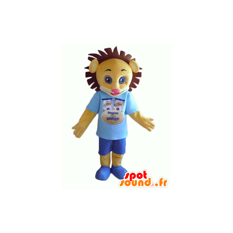 Mascotte de lionceau jaune et marron, en tenue bleue - MASFR24374 - Mascottes Lion