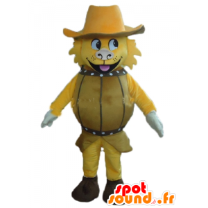 Yellow Dog Mascot, σε ένα βαρέλι με ένα καπέλο - MASFR24381 - Μασκότ Dog